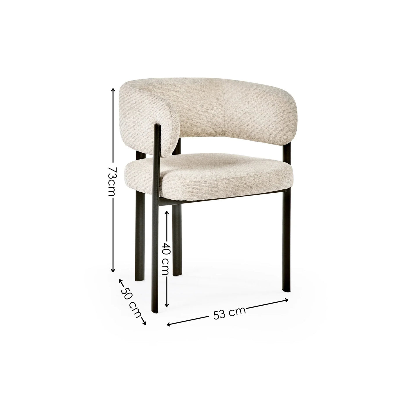 Modern beige armchair with black legs, curved backrest and visible seat dimensions in cm