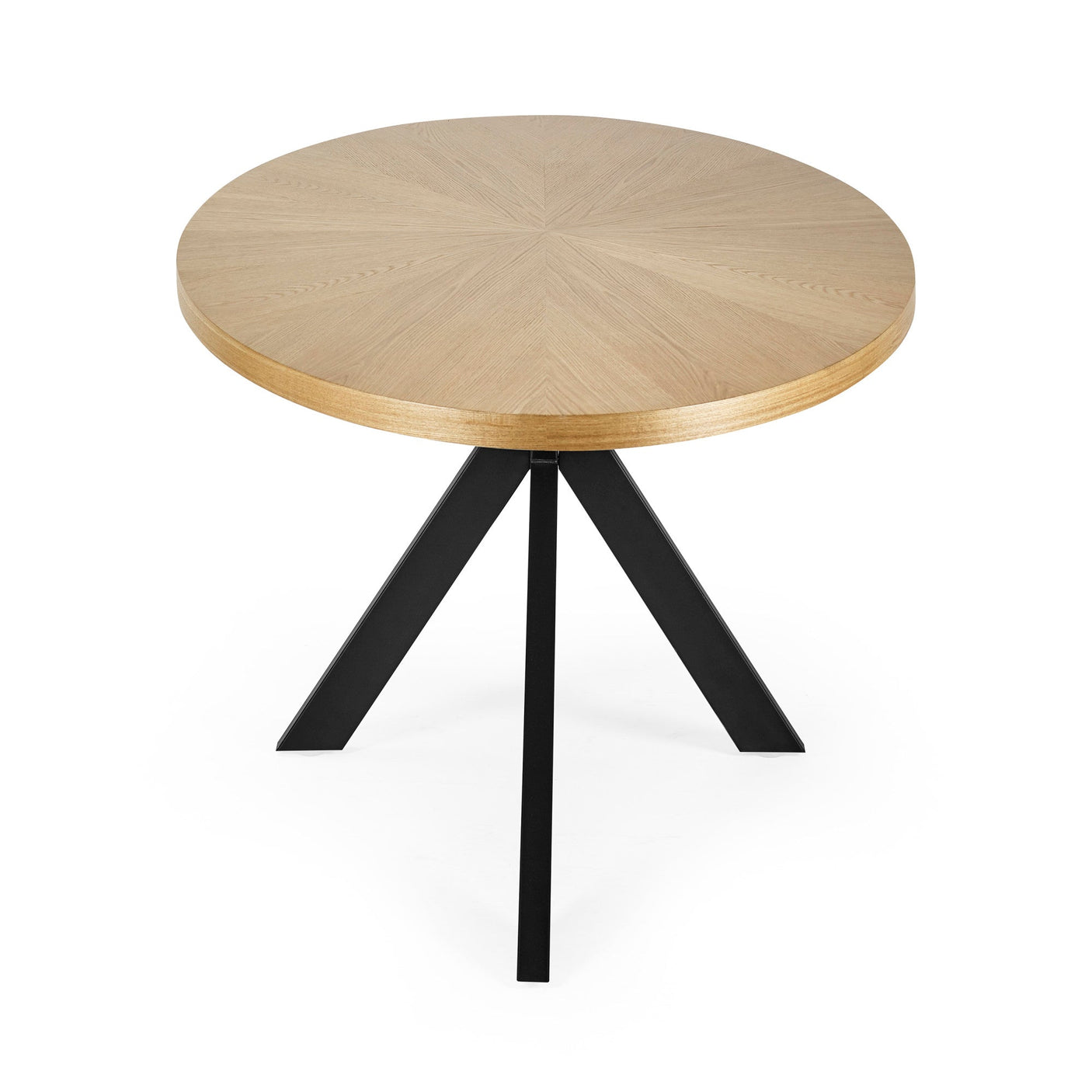 Round light wood dining table with black metal tripod base viewed frontally on white background