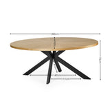 Dining table with dimensions overlaid: 200cm length, 105cm width, 75cm height, black metal leg spacing