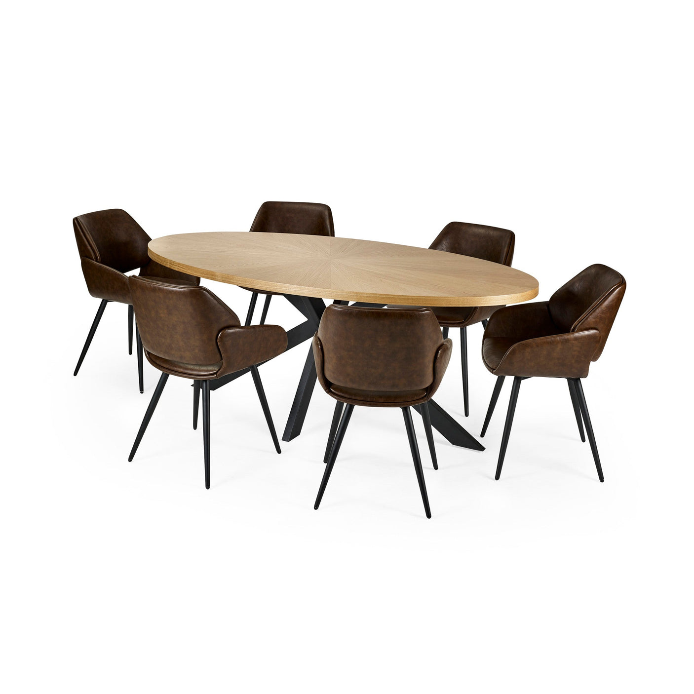 Oval light wood dining table with black metal legs surrounded by six brown upholstered chairs with black legs