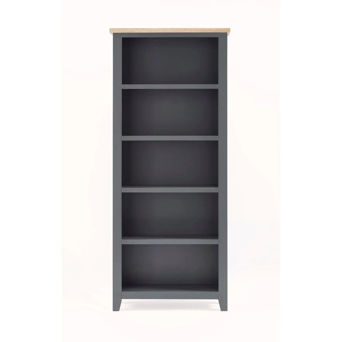 Tall grey bookcase with five shelves and light wood top, front view