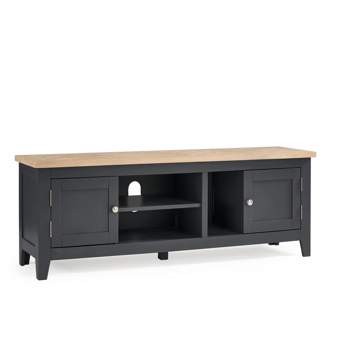 Black TV unit with oak top, storage shelves, cable hole, and two side cupboards