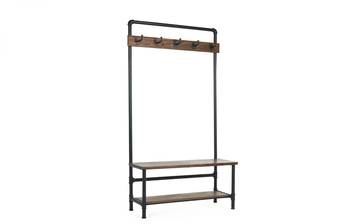 Industrial hall tree with black metal frame, wooden bench, shelf and five coat hooks