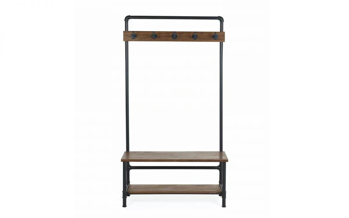 Industrial coat stand with metal frame, wooden shelves, and five hooks for hallway storage