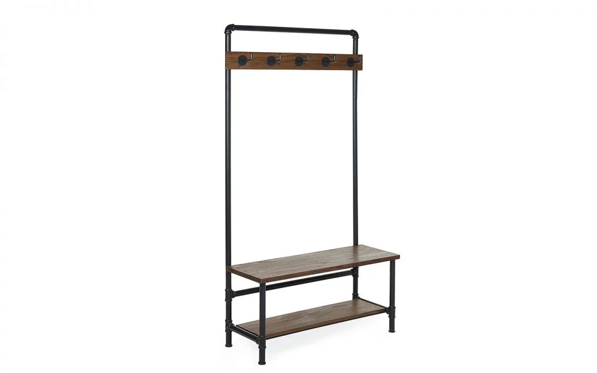 Industrial coat rack with black metal frame, wooden bench, lower shelf, and five hooks