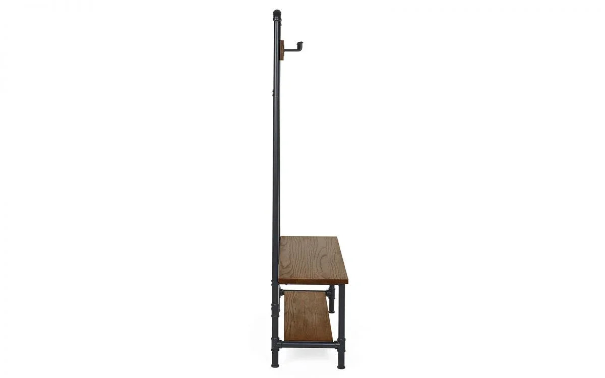 Side view of hall bench with wooden shelves and black metal frame