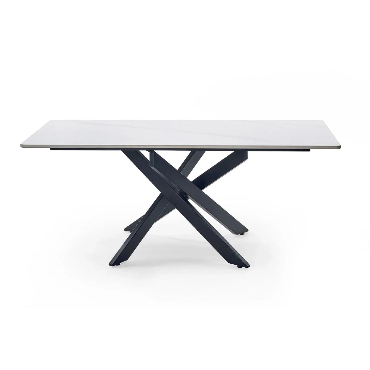 White marble coffee table with rectangular top and black crossed metal legs, cutout view