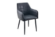A modern dining chair upholstered in dark charcoal gray faux leather with a quilted grid pattern on the backrest and seat, supported by slim black metal legs, shown against a plain white background.