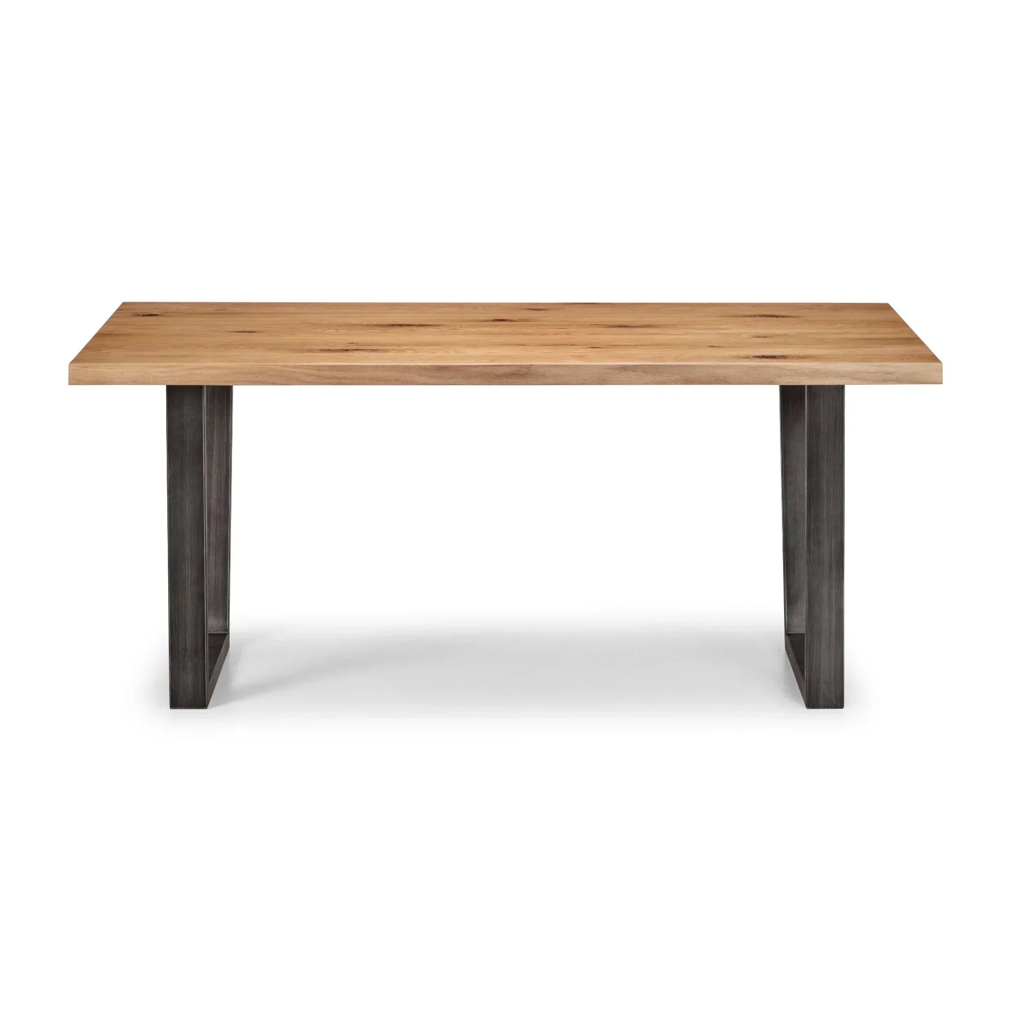 Oak dining table with sleek metal legs, rectangular design, front view