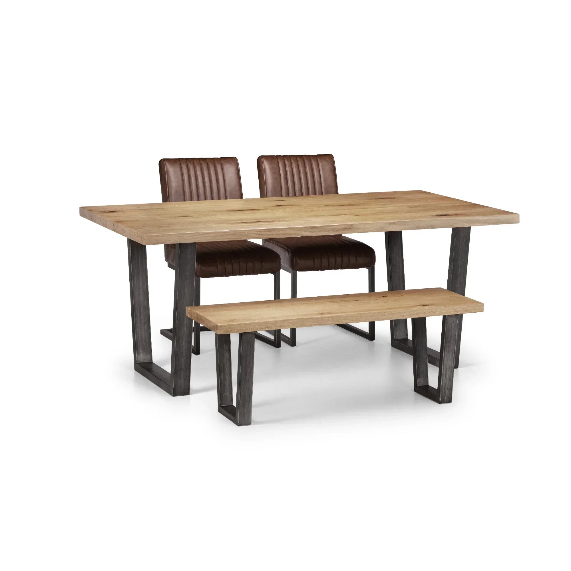 Oak dining table set with metal legs, matching bench, and two brown leather chairs