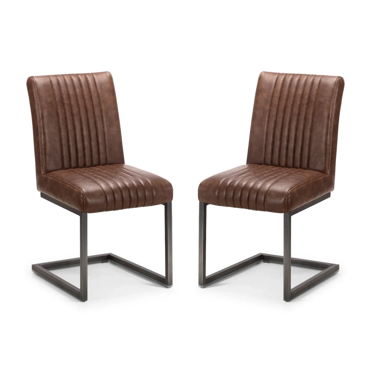Pair of brown dining chairs with vertical stitching and metal cantilever legs