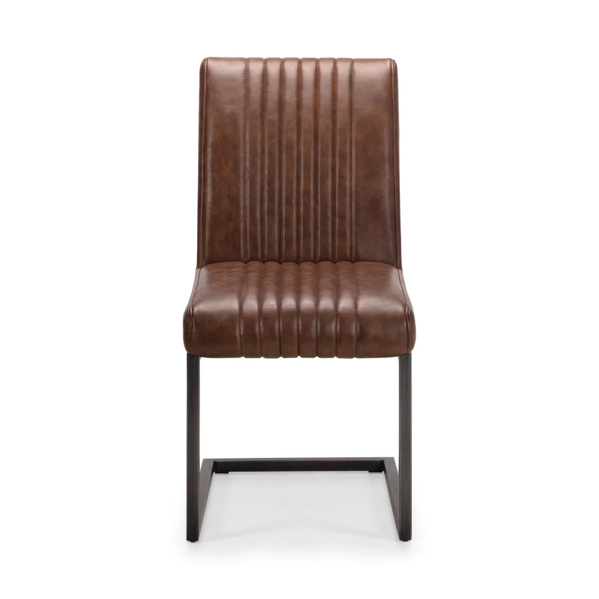 Brown dining chair with faux leather upholstery and metal cantilever base, front view