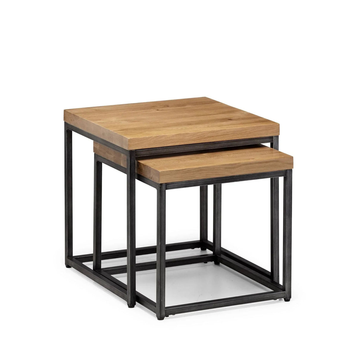 Pair of oak nesting tables with black metal frames, cutout product shot