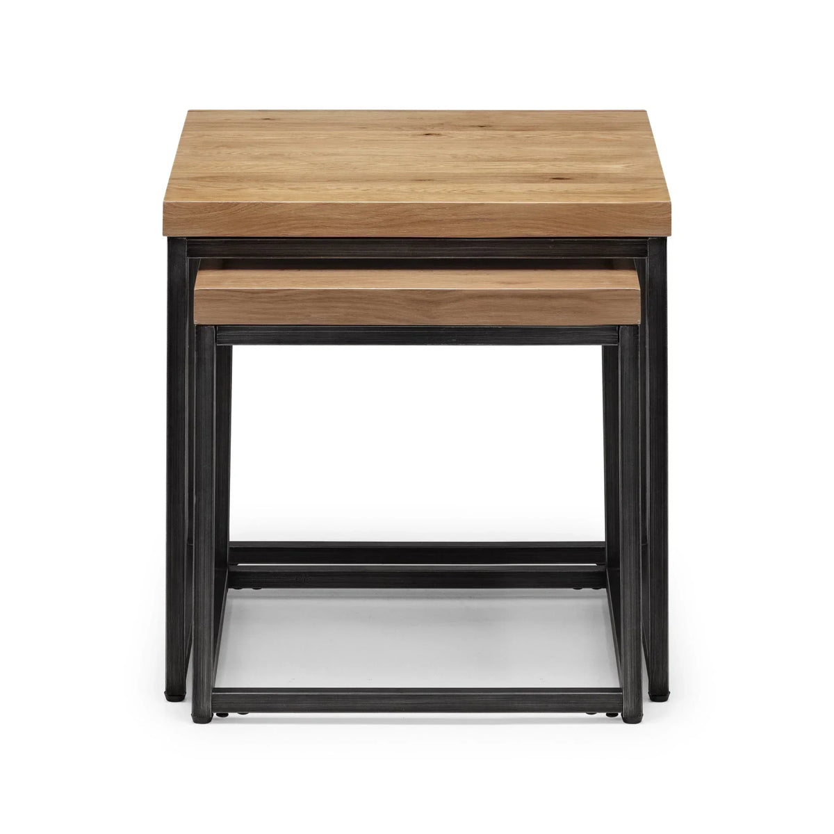 Oak and metal nesting lamp tables with square tops, stacked front view