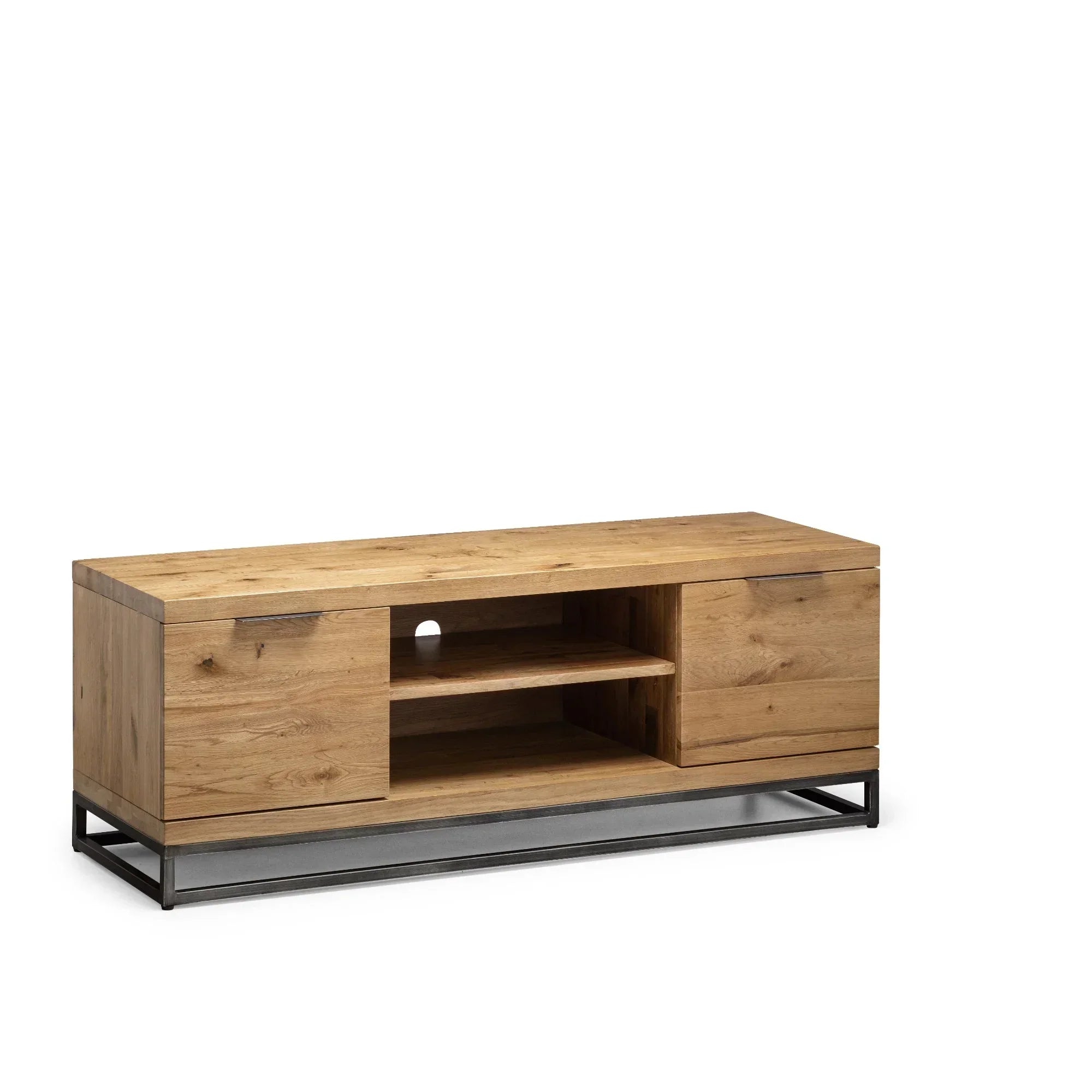 Oak TV unit with black metal base, two cabinets, and open shelves, front angle view