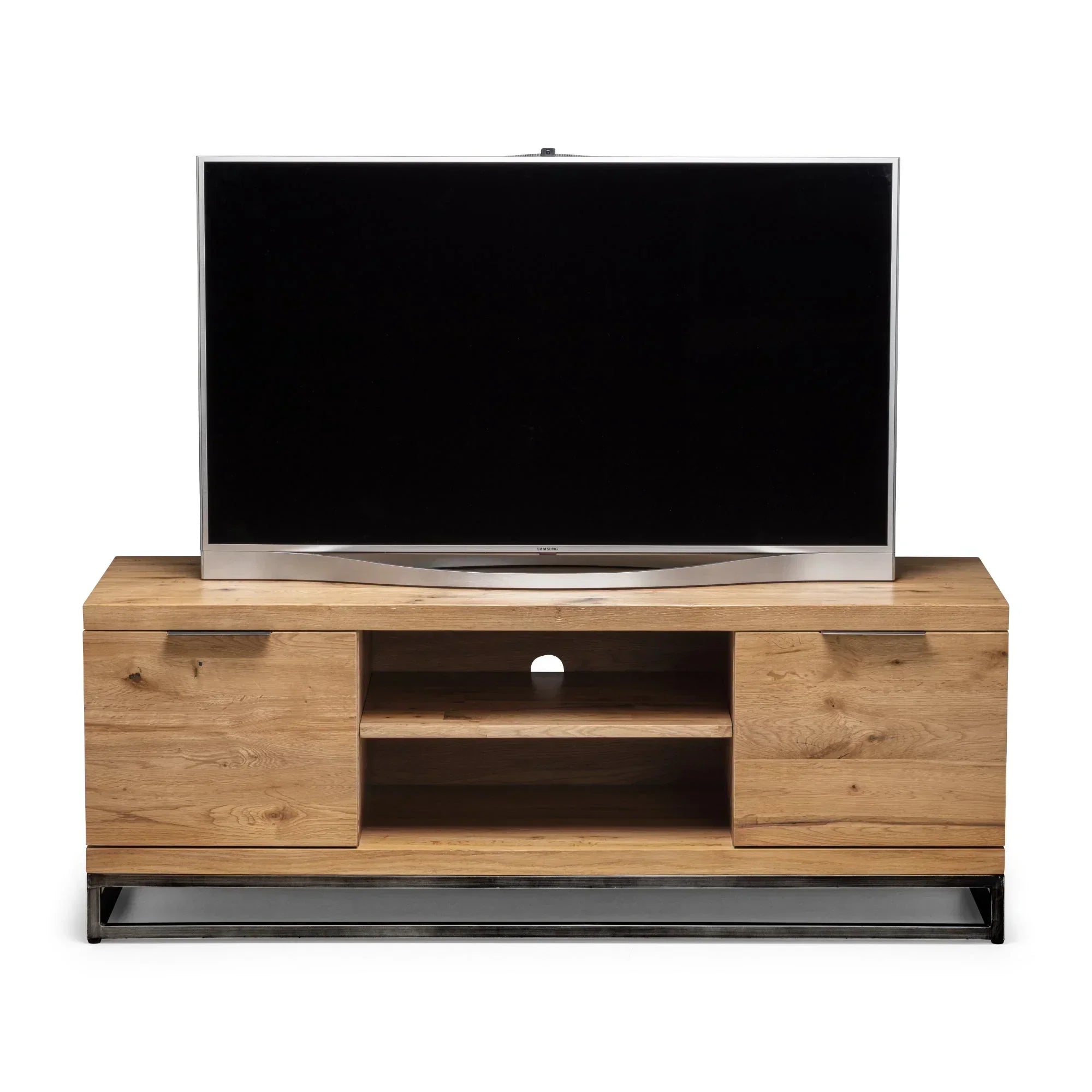 Wood TV unit with metal base, two cabinets, open shelves, and flat screen TV on top