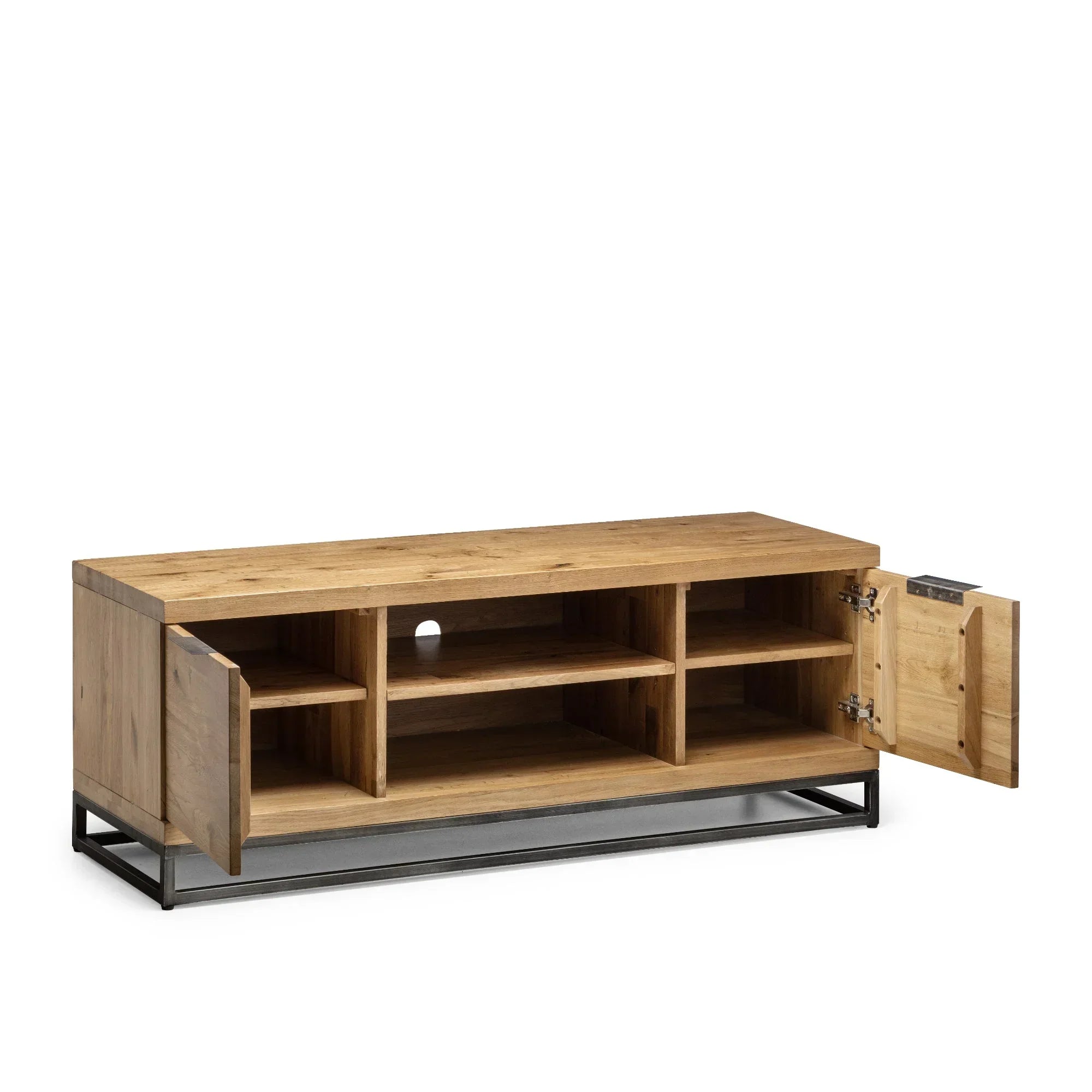 Oak TV unit with metal base, two open doors, shelves, and cable hole, cutout view
