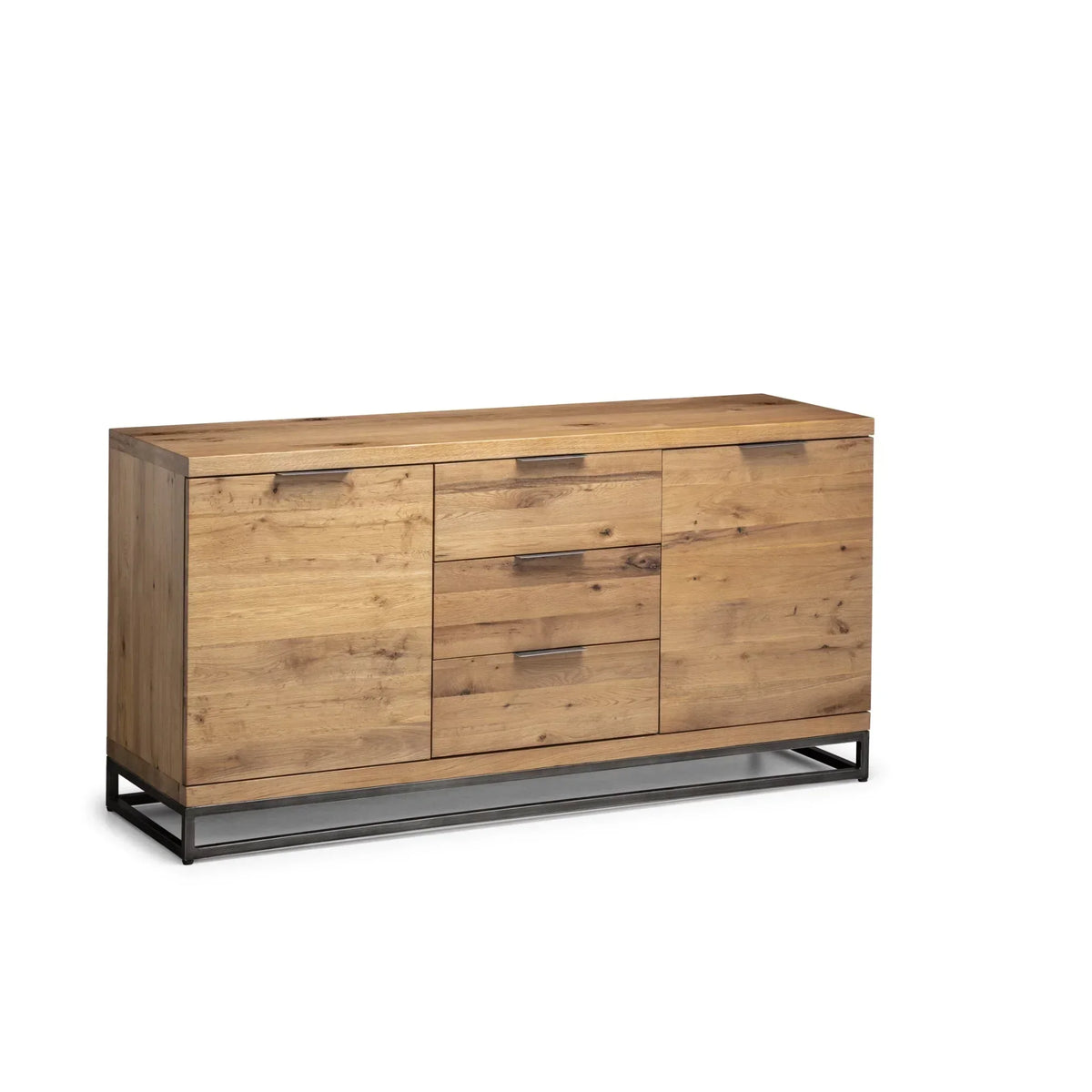 Wooden sideboard with three central drawers, two doors, and black metal base