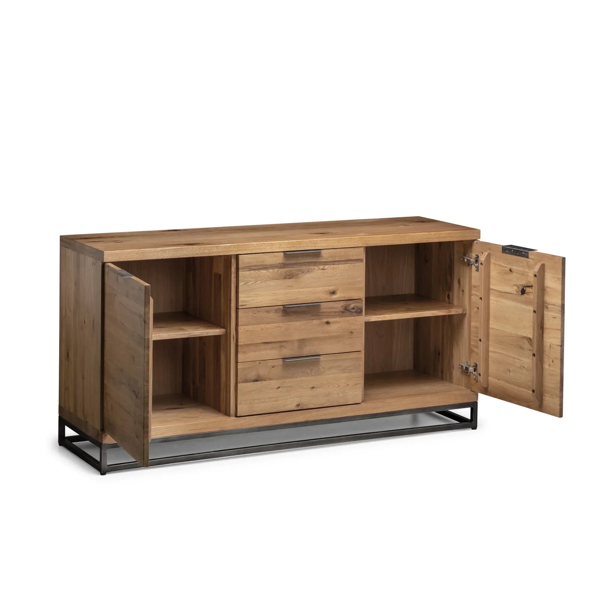 Oak sideboard with metal legs, open doors, three drawers and shelving compartments