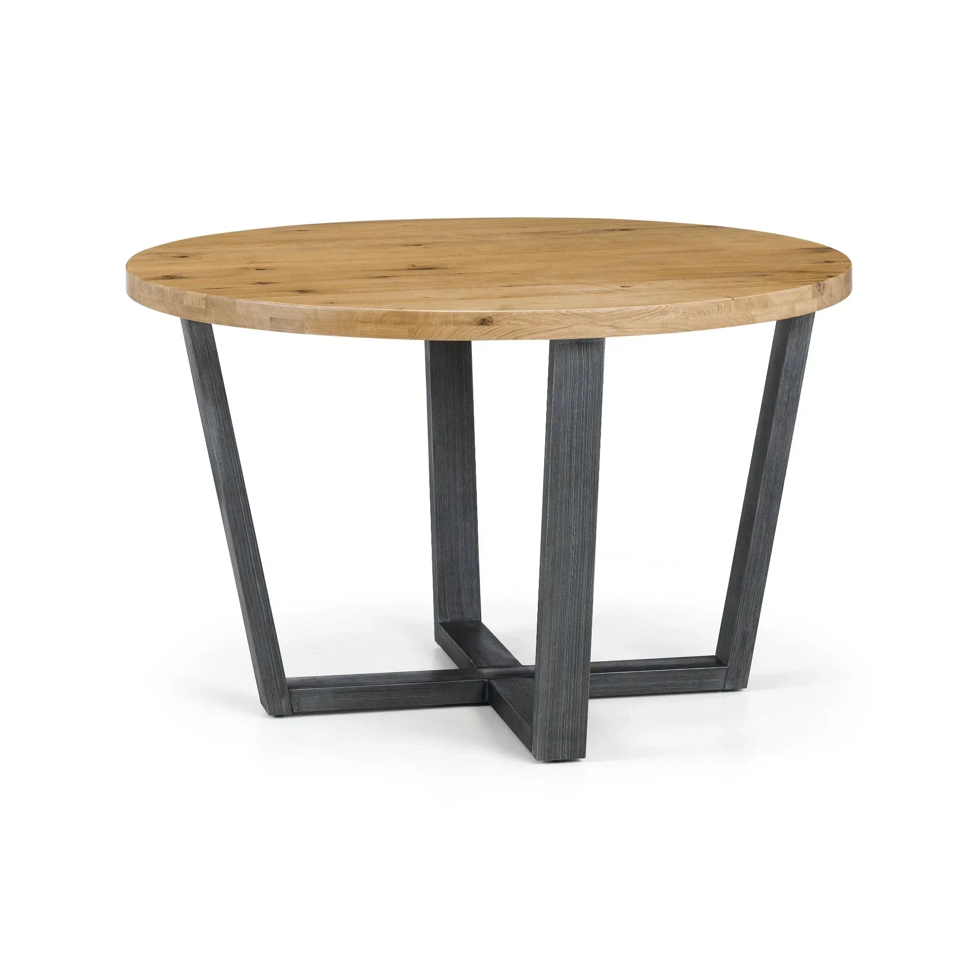 Round oak dining table with black metal legs on white background