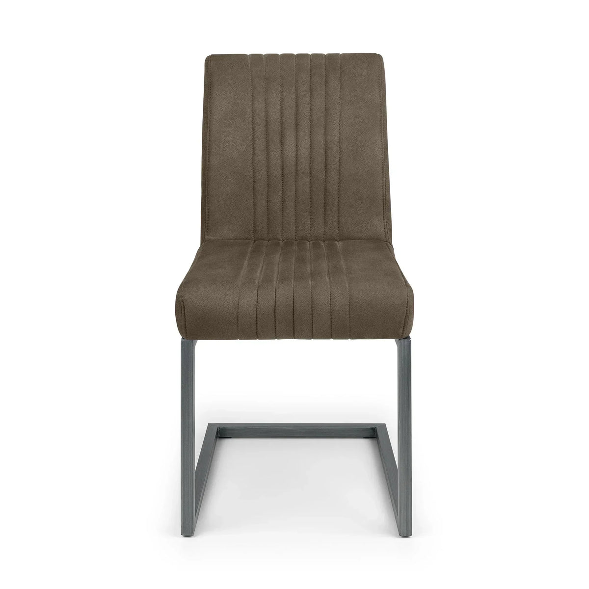 Charcoal grey dining chair with vertical stitching and metal cantilever base, front view