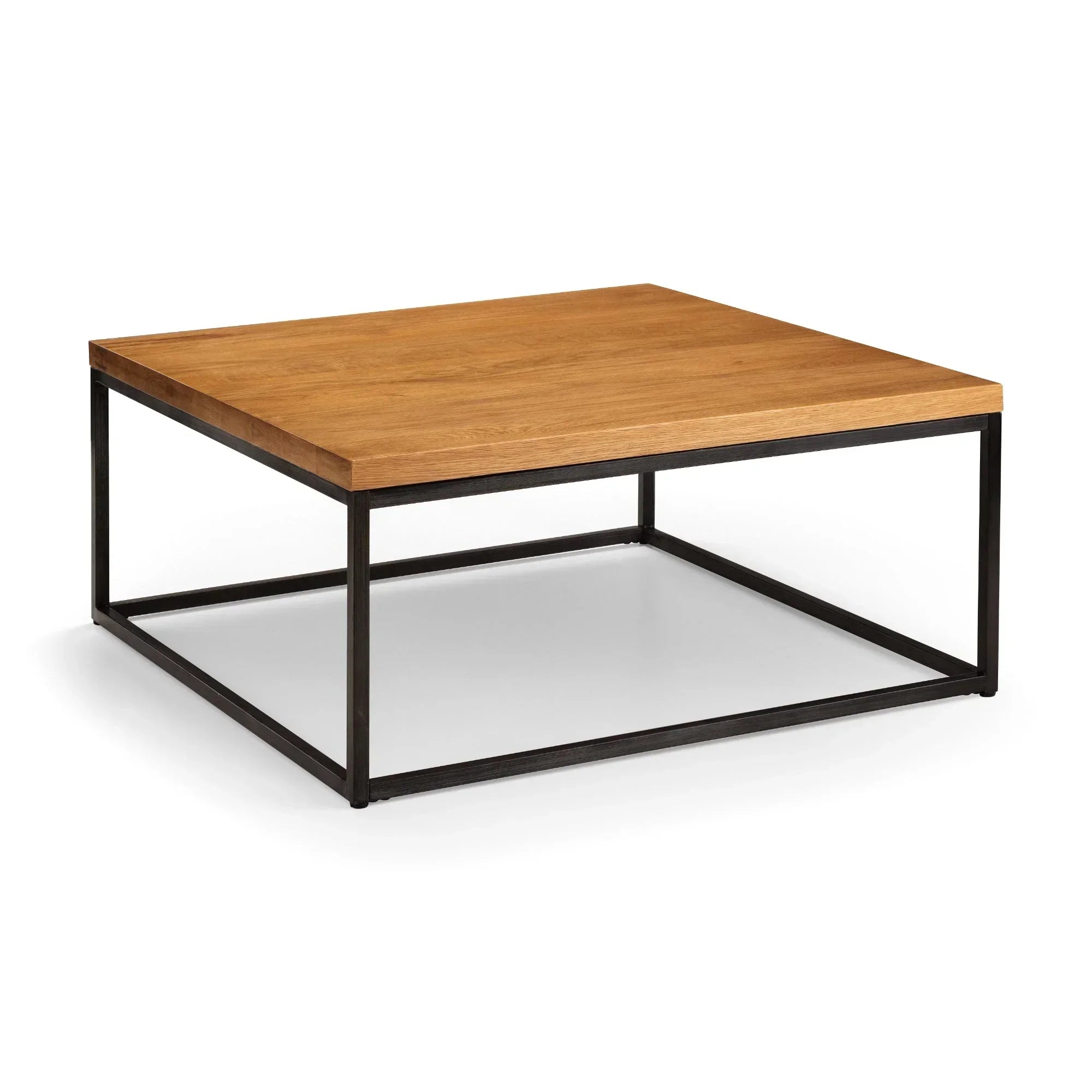 Square coffee table with oak wood top and black metal frame on white background