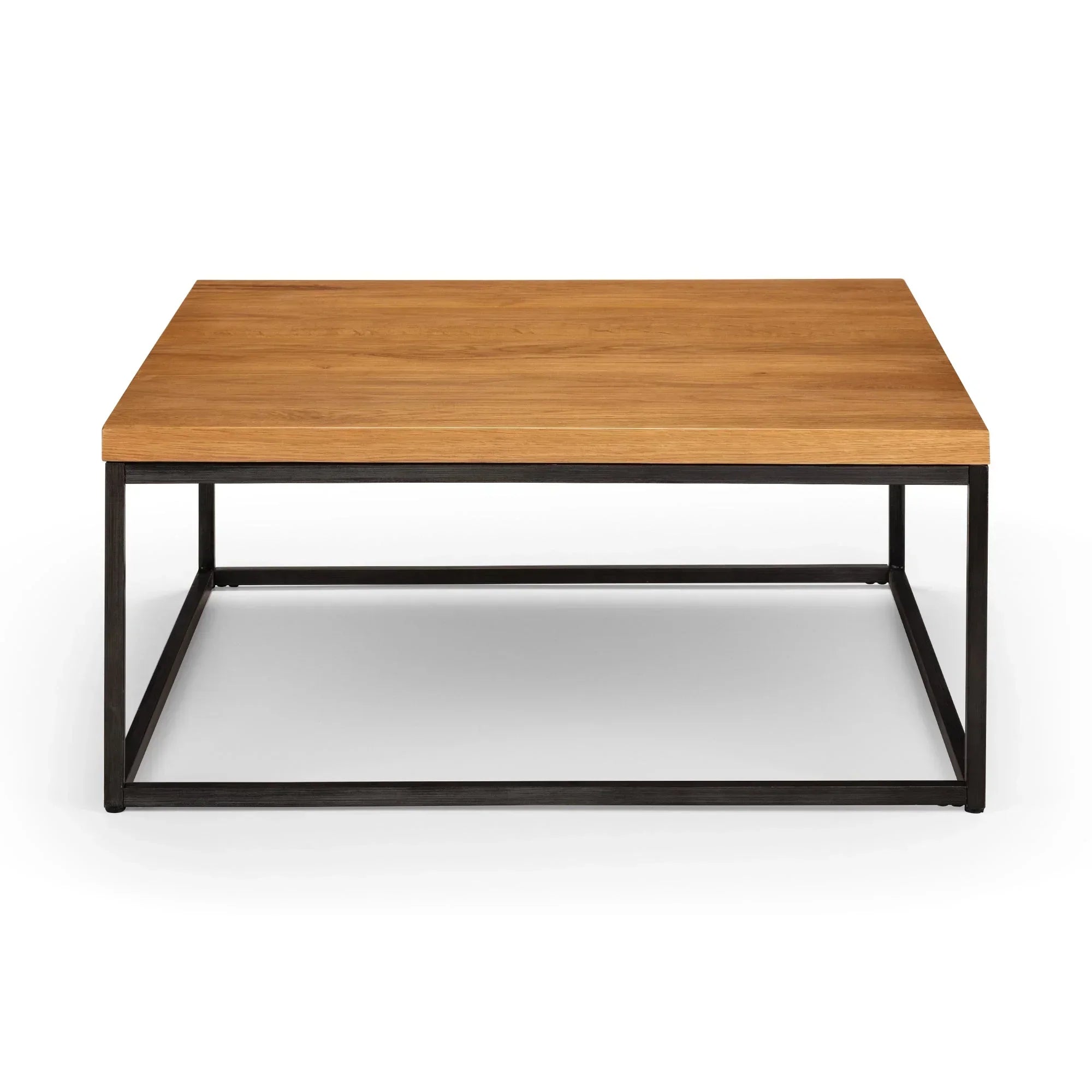 Square coffee table with wood top and black metal frame, front view on white background
