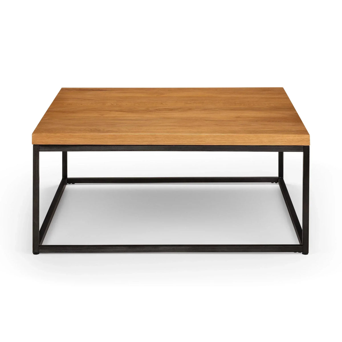 Square coffee table with wood top and black metal frame, front view on white background