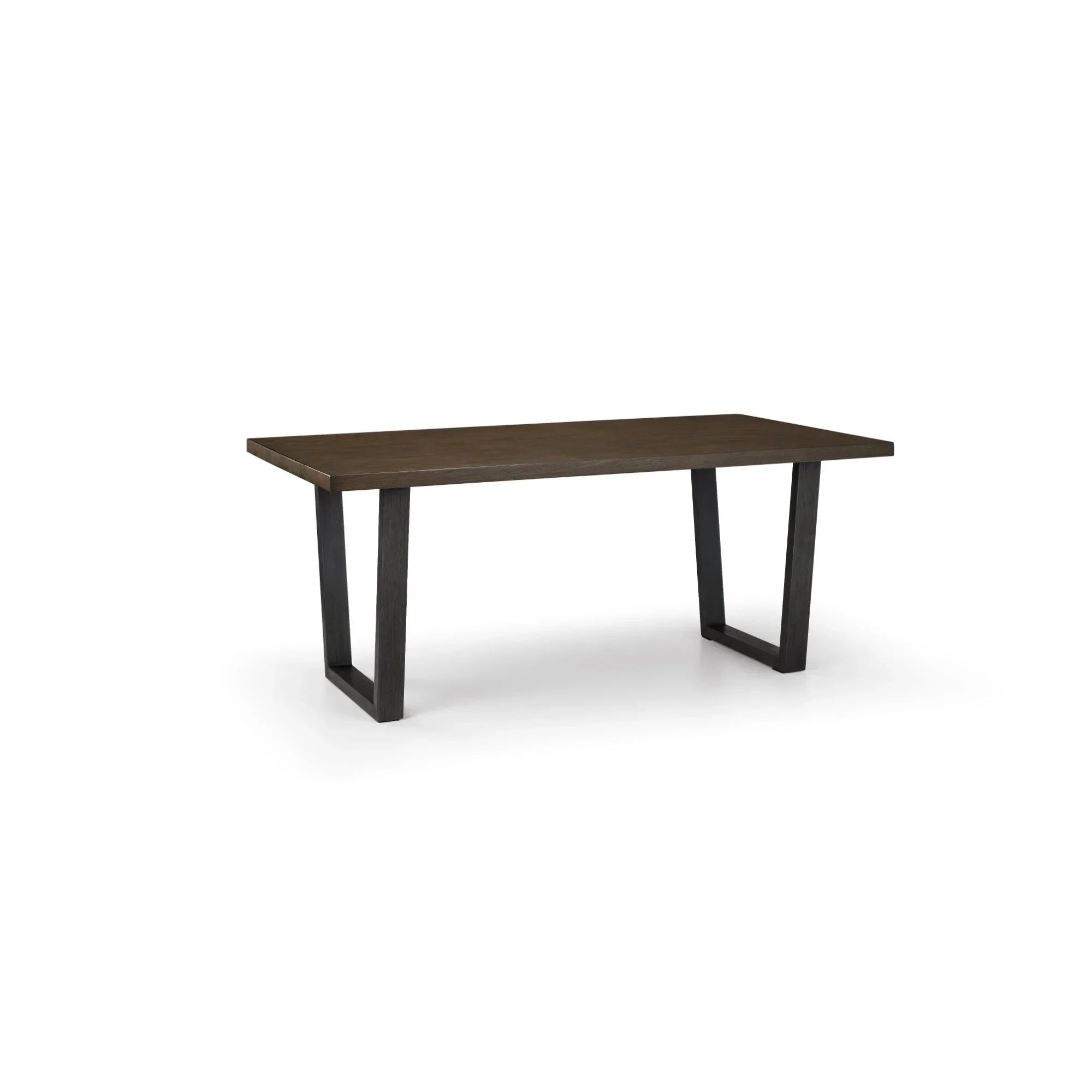 Rectangular dark oak dining table with angled black legs on white background