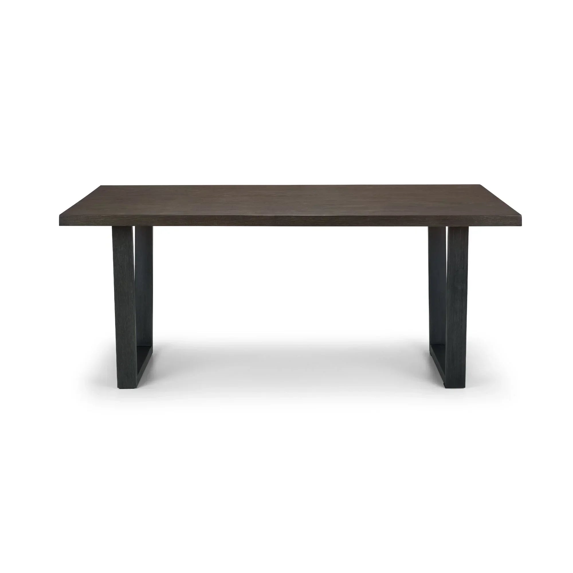 Rectangular dark oak dining table with wide legs on white background, front view
