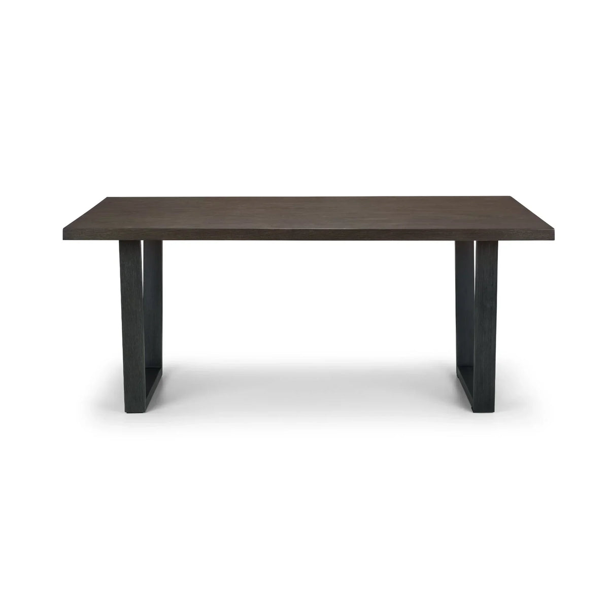 Rectangular dark oak dining table with wide legs on white background, front view