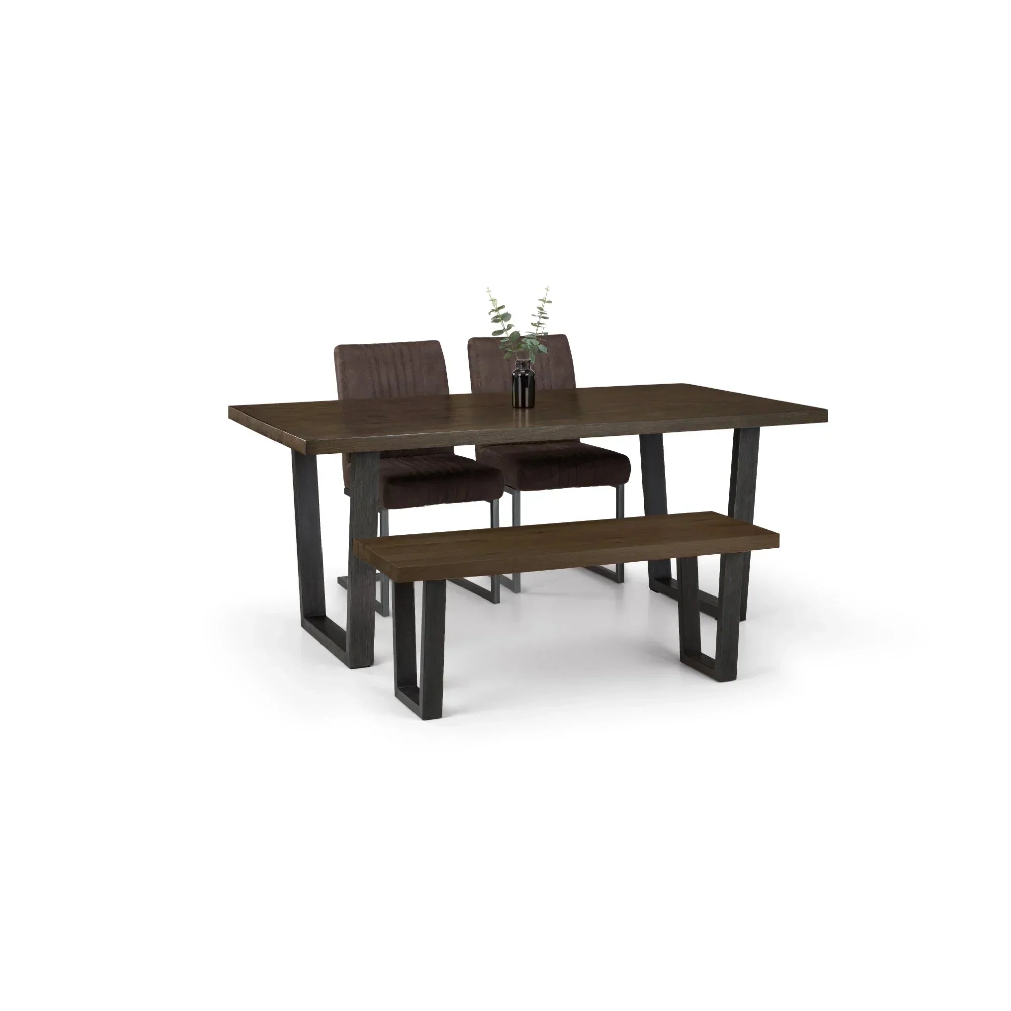 Dark oak dining table with metal legs, matching bench, and two upholstered chairs