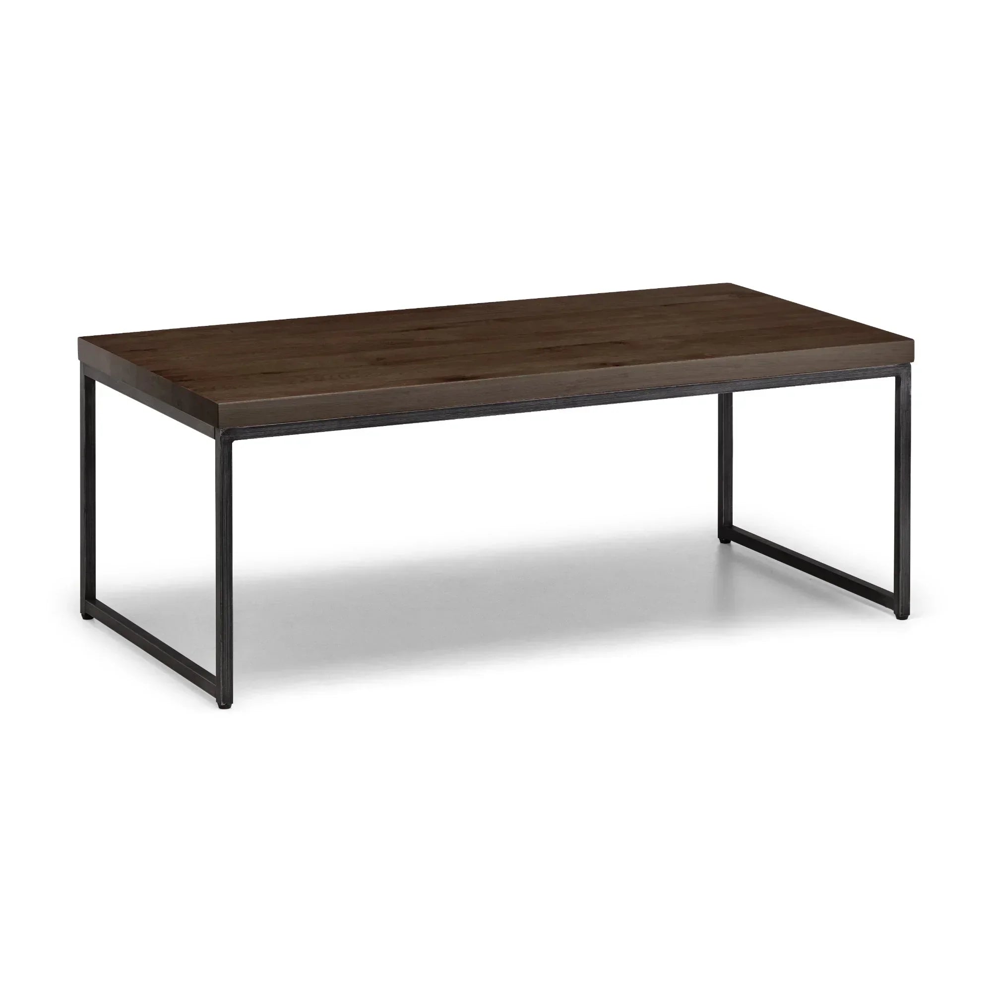 Dark oak nesting coffee table with black metal frame on white background