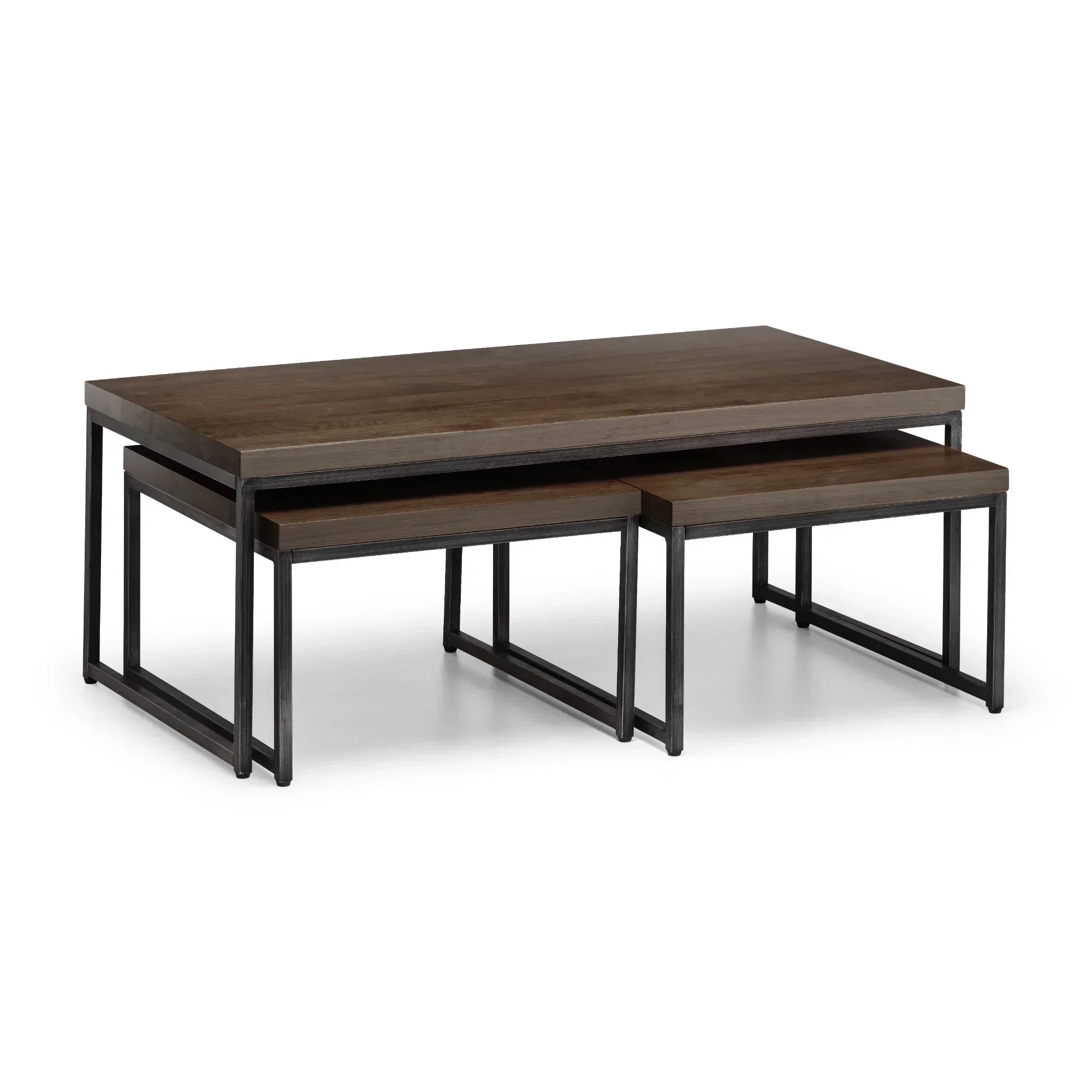 Dark oak nesting coffee tables with black metal legs on white background