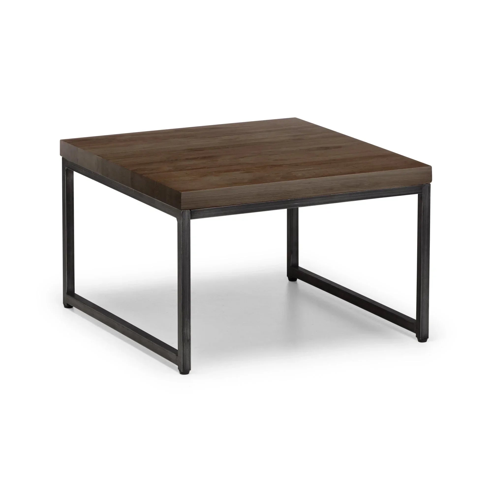 Dark oak nesting coffee table with metal frame on white background