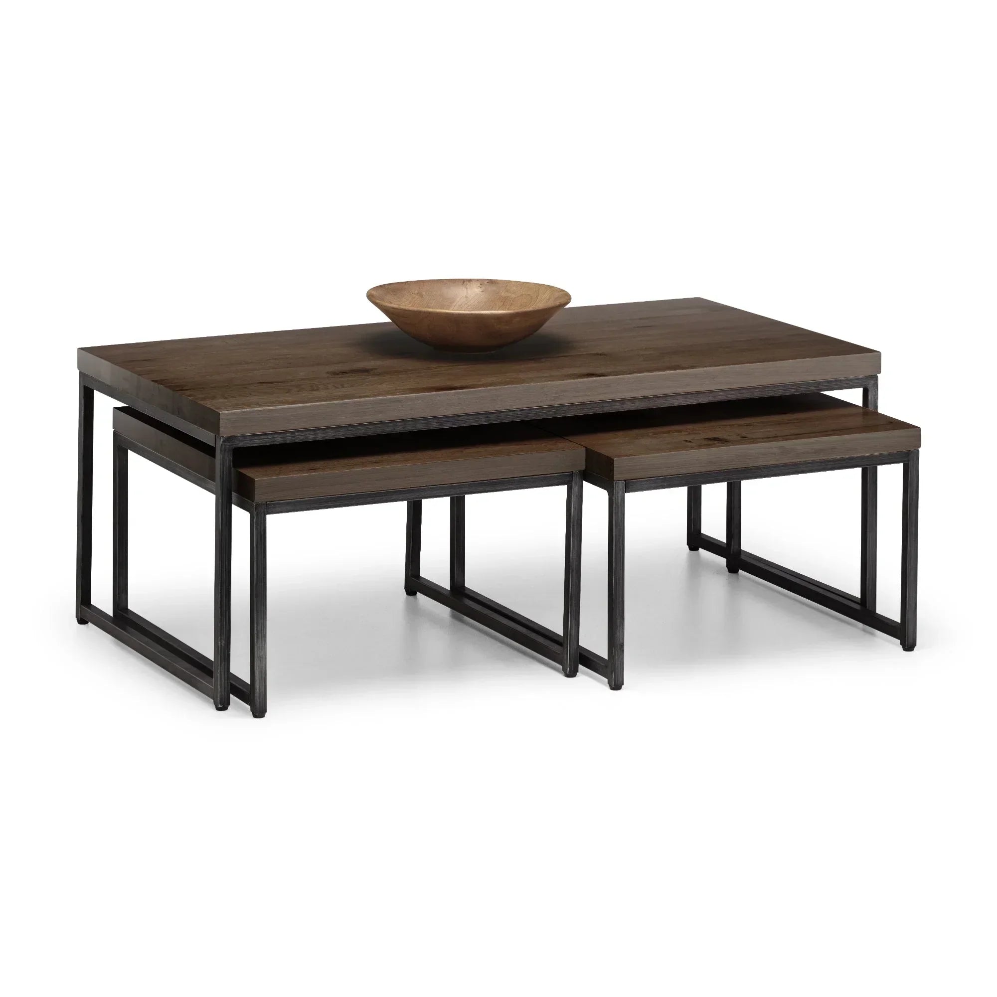 Dark oak nesting coffee tables with metal frame and decorative wooden bowl on top