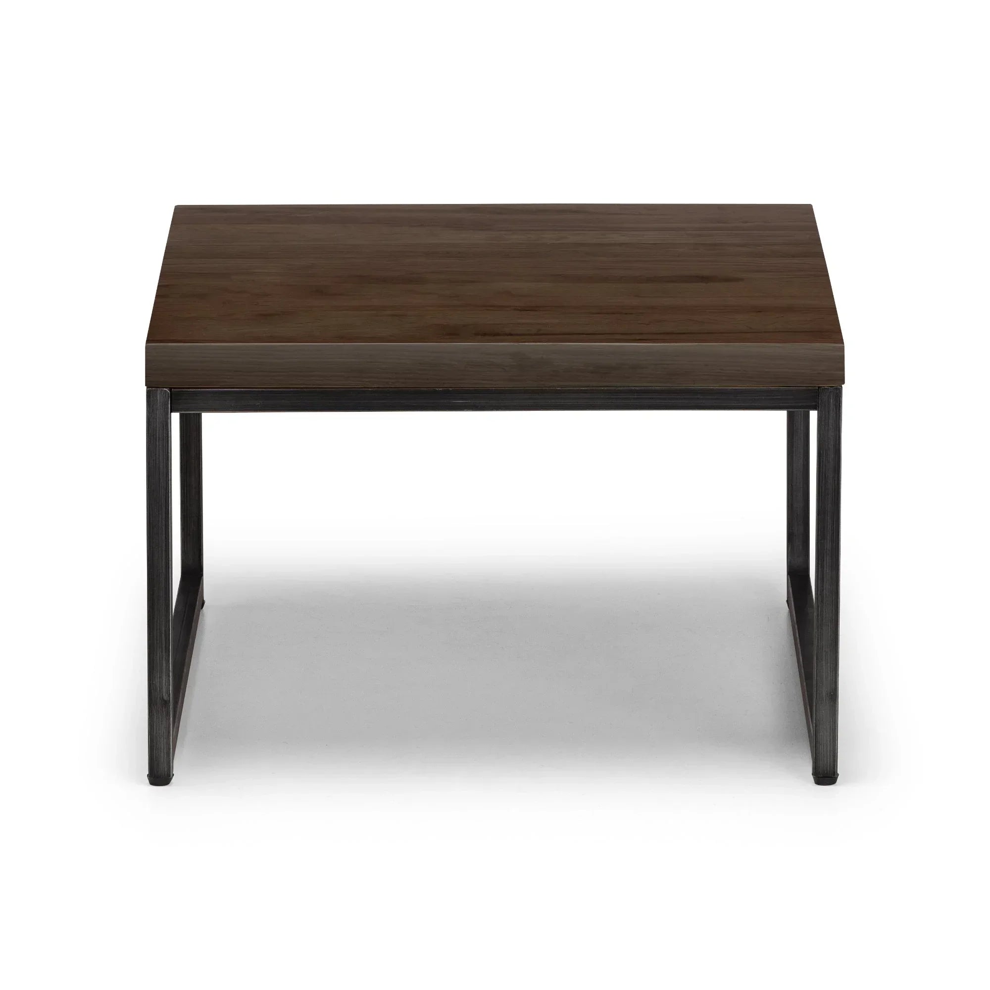 Dark oak nesting coffee table with metal frame, front view on white background