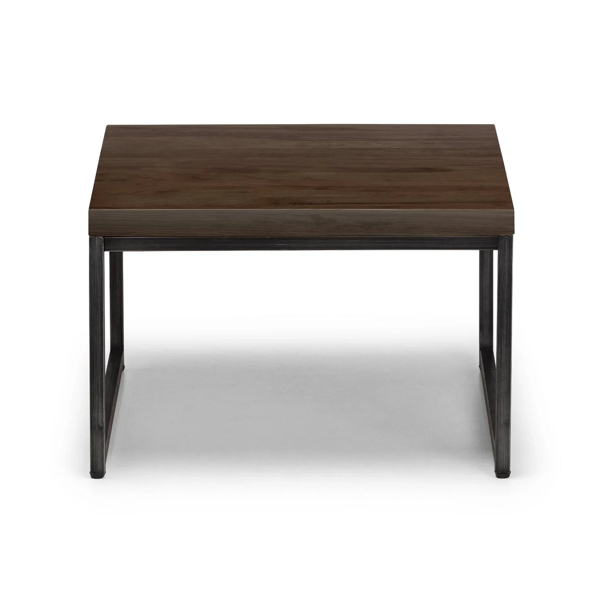 Dark oak nesting coffee table with metal frame, front view on white background