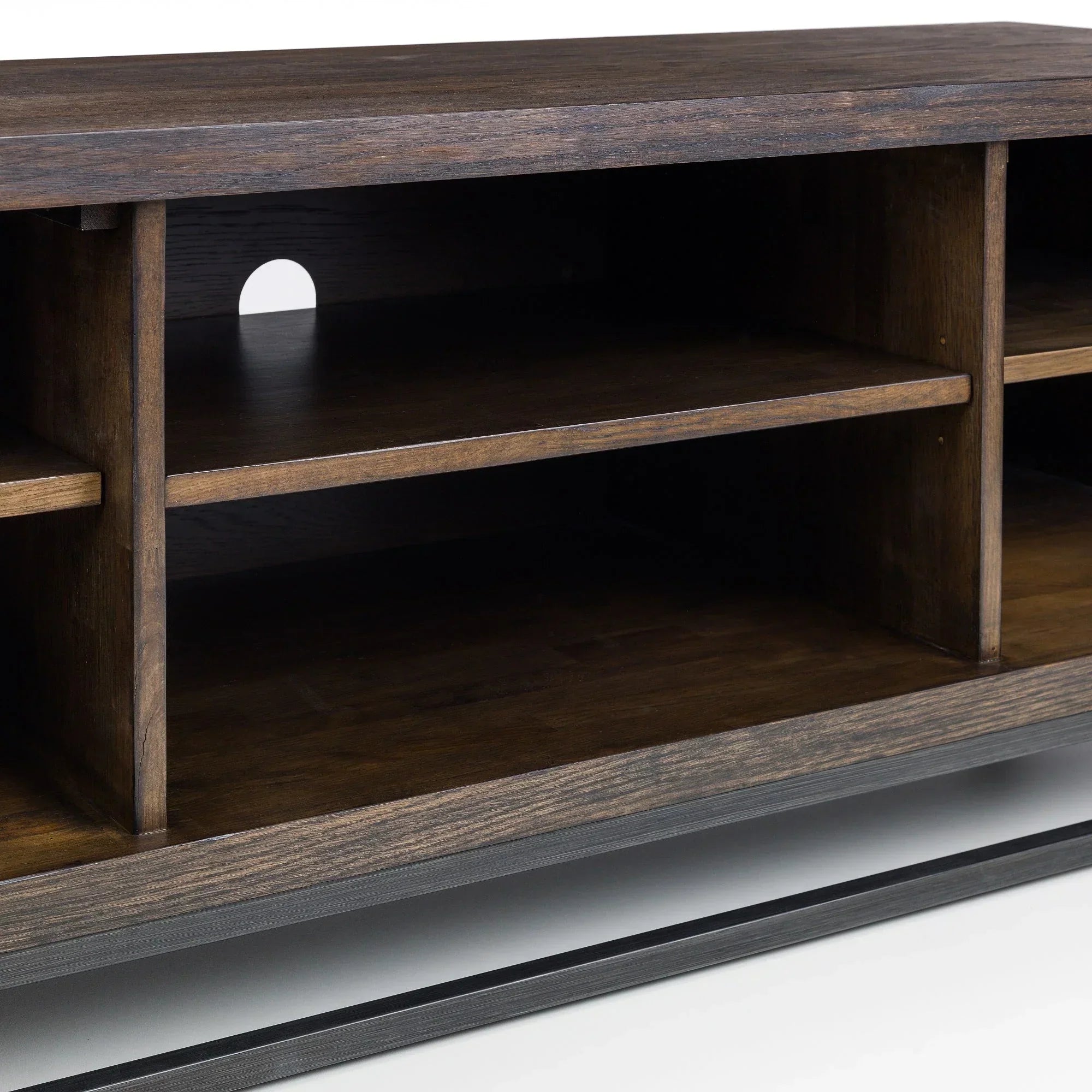 Dark oak TV unit shelves with cable management hole and open storage compartments