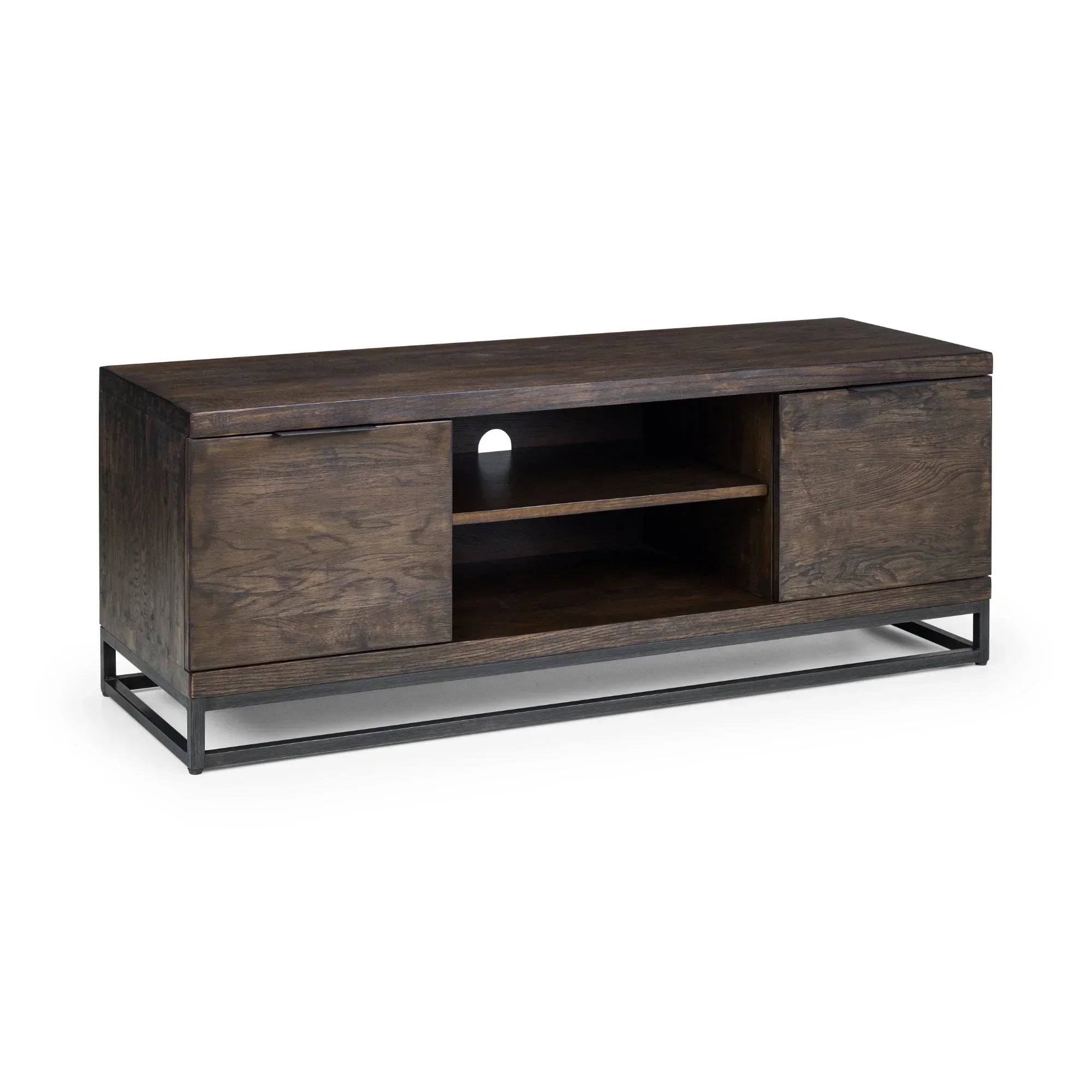 Dark oak TV unit with metal base, two side cabinets and open central shelves