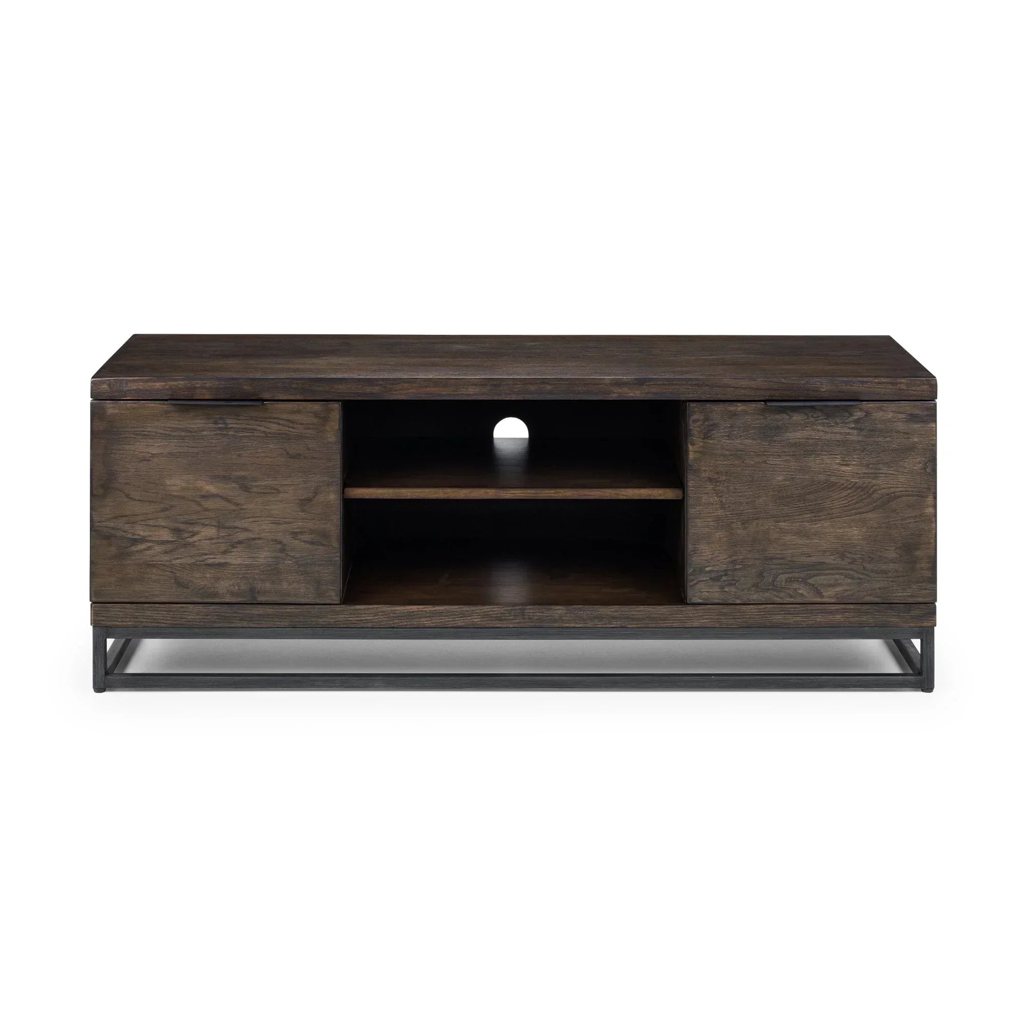 Dark oak TV unit with metal base, two closed cupboards and open center shelves