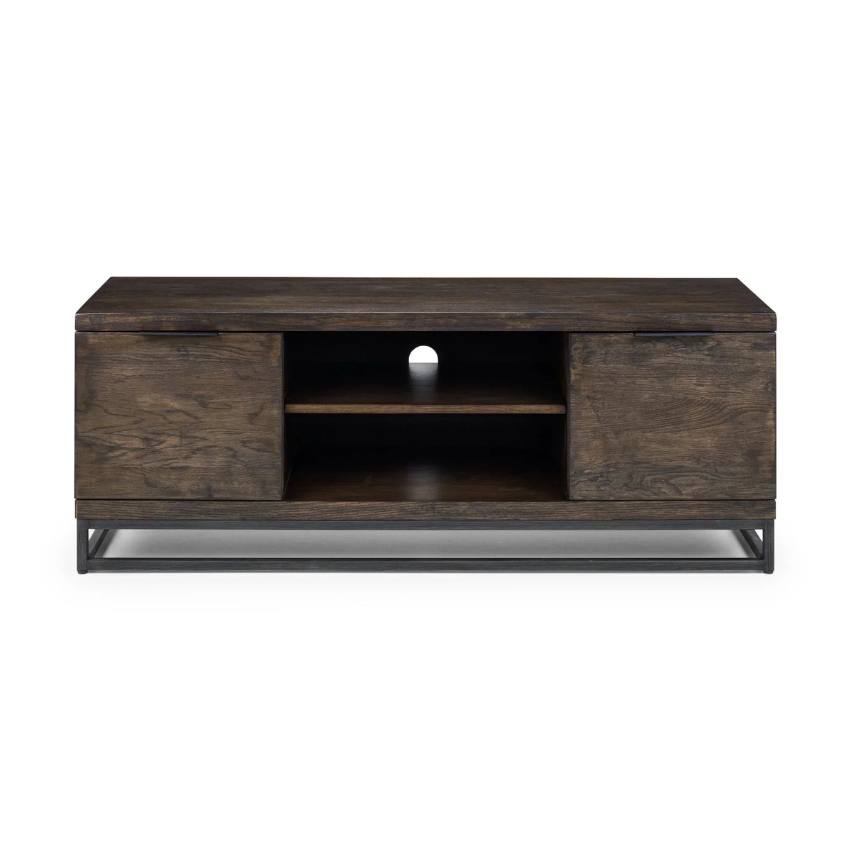 Dark oak TV unit with metal base, two closed cupboards and open center shelves