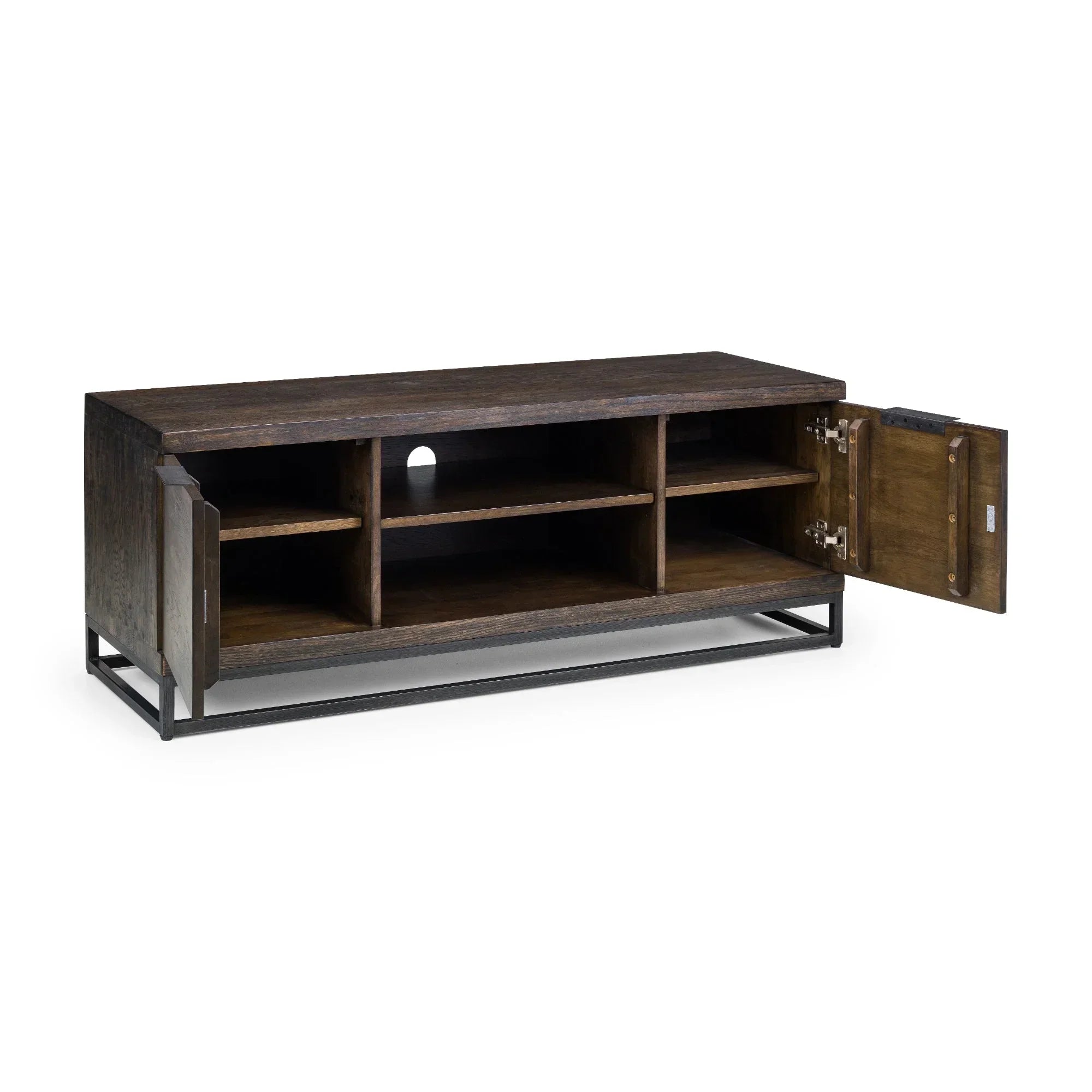 Dark oak TV unit with open shelves, two side cabinets, and black metal frame base