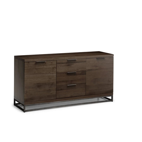 Dark oak sideboard with three central drawers, two doors, and black metal base