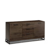 Dark oak sideboard with three central drawers, two doors, and black metal base