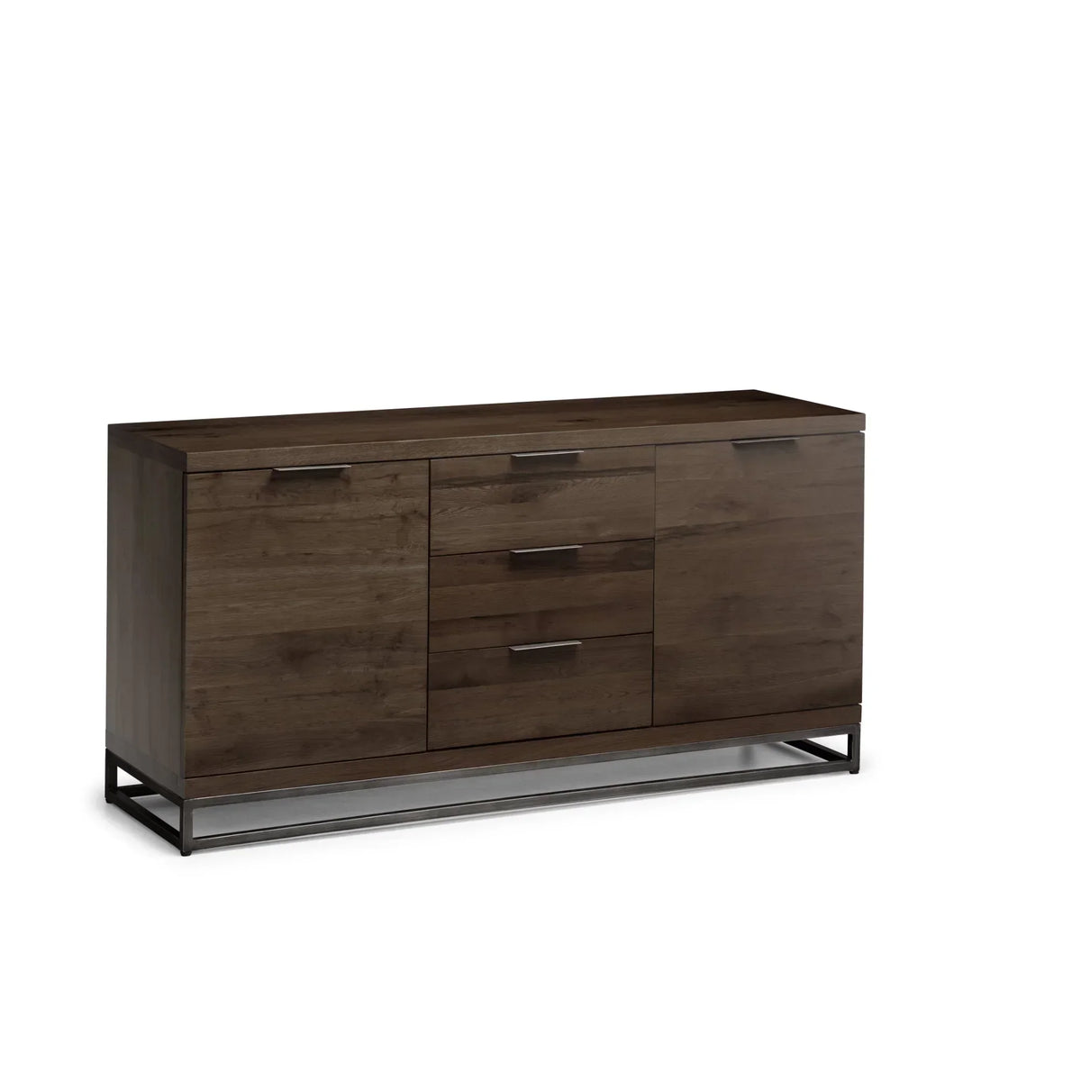 Dark oak sideboard with three central drawers, two doors, and black metal base