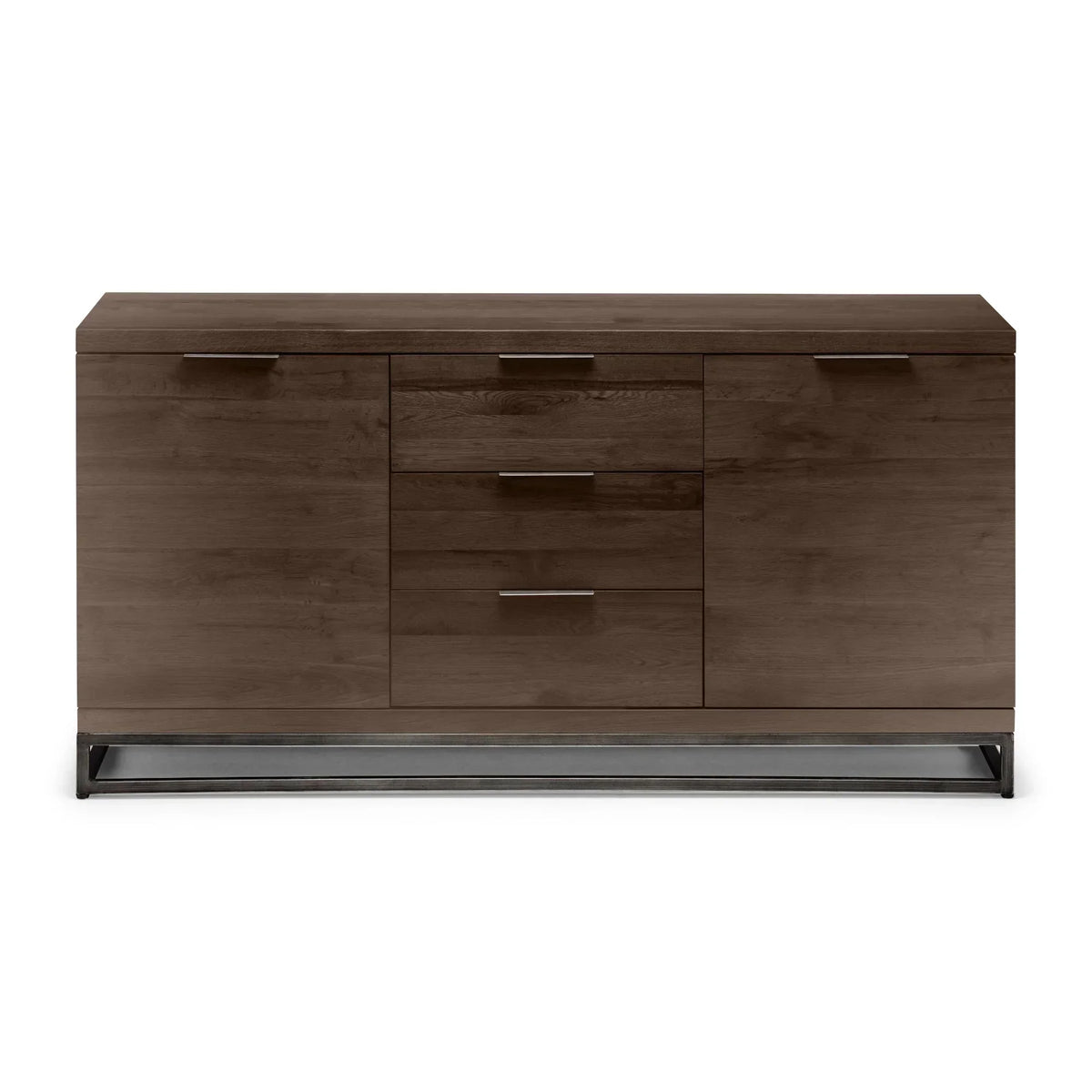 Dark oak sideboard with metal base, three central drawers and two cupboards, front view