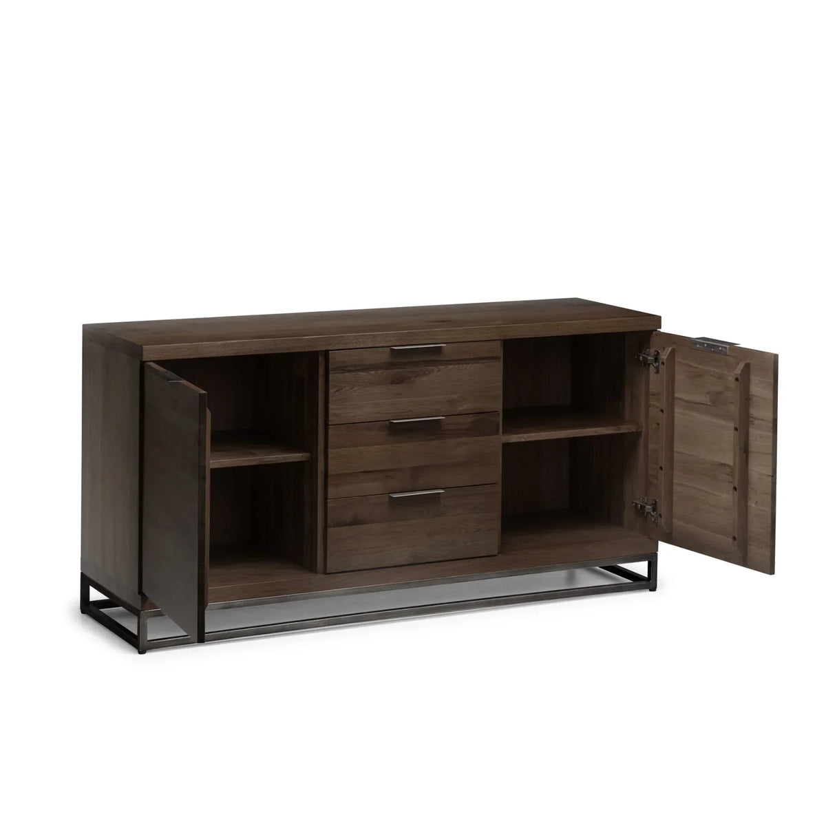 Dark oak sideboard with open doors, three central drawers, metal legs, and adjustable shelves