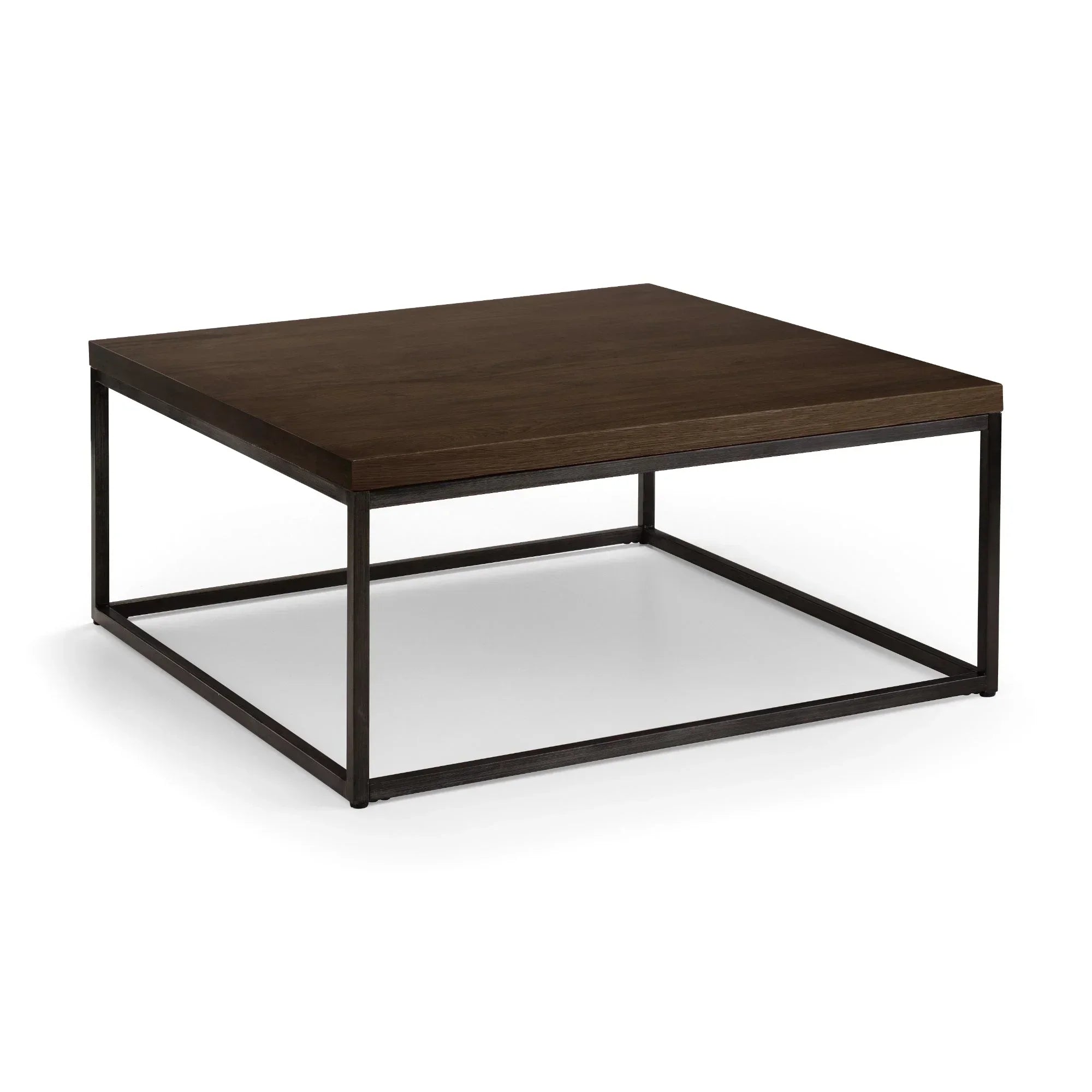 Dark oak square coffee table with black metal frame on white background