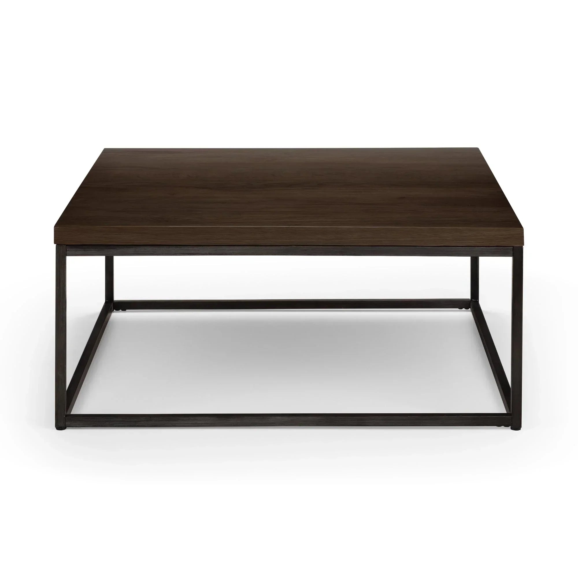 Dark oak square coffee table with black metal frame, front view on white background
